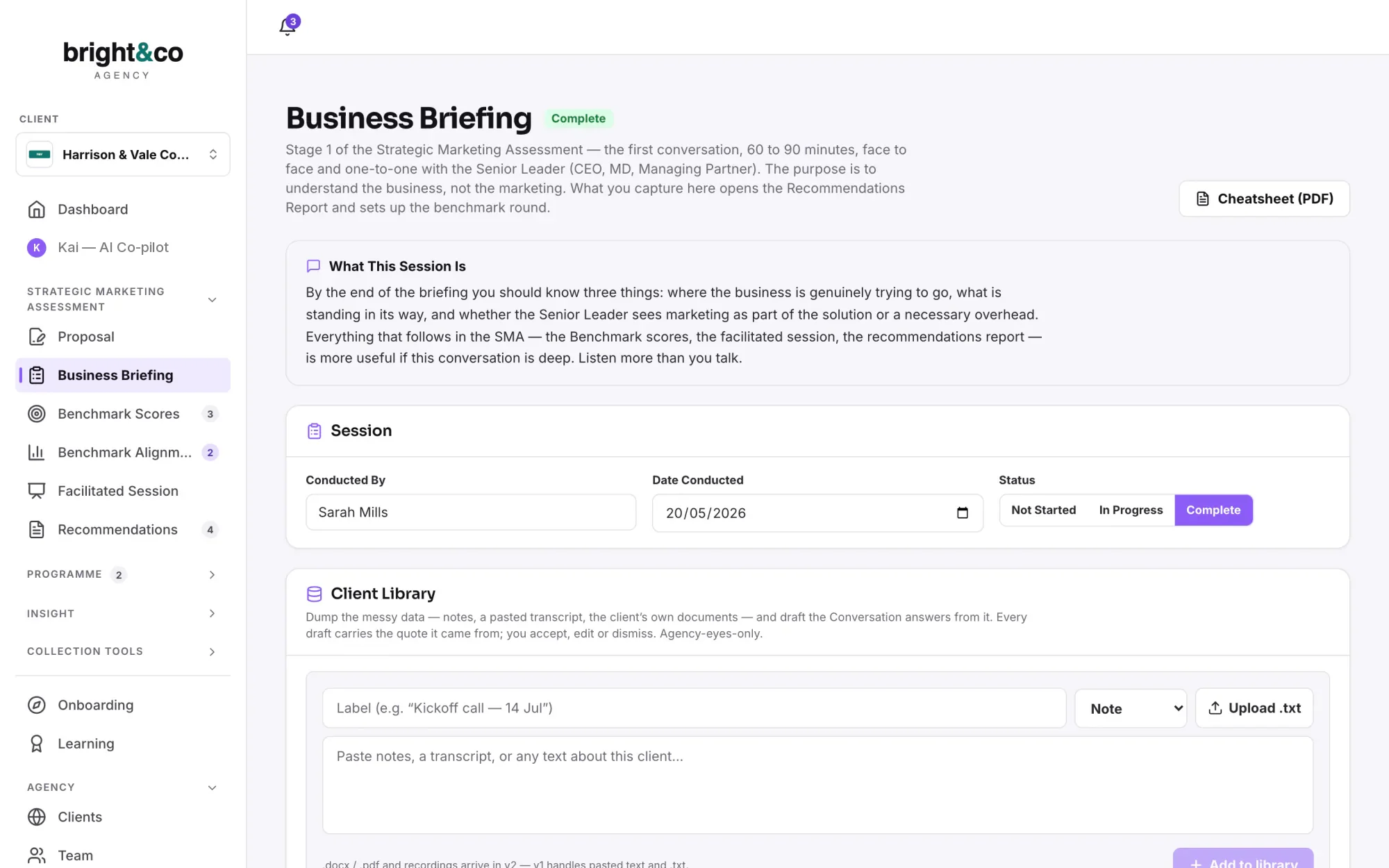 The Business Briefing stage in Kiltr: what the session is for, who conducted it and the client library where notes and transcripts are pasted in