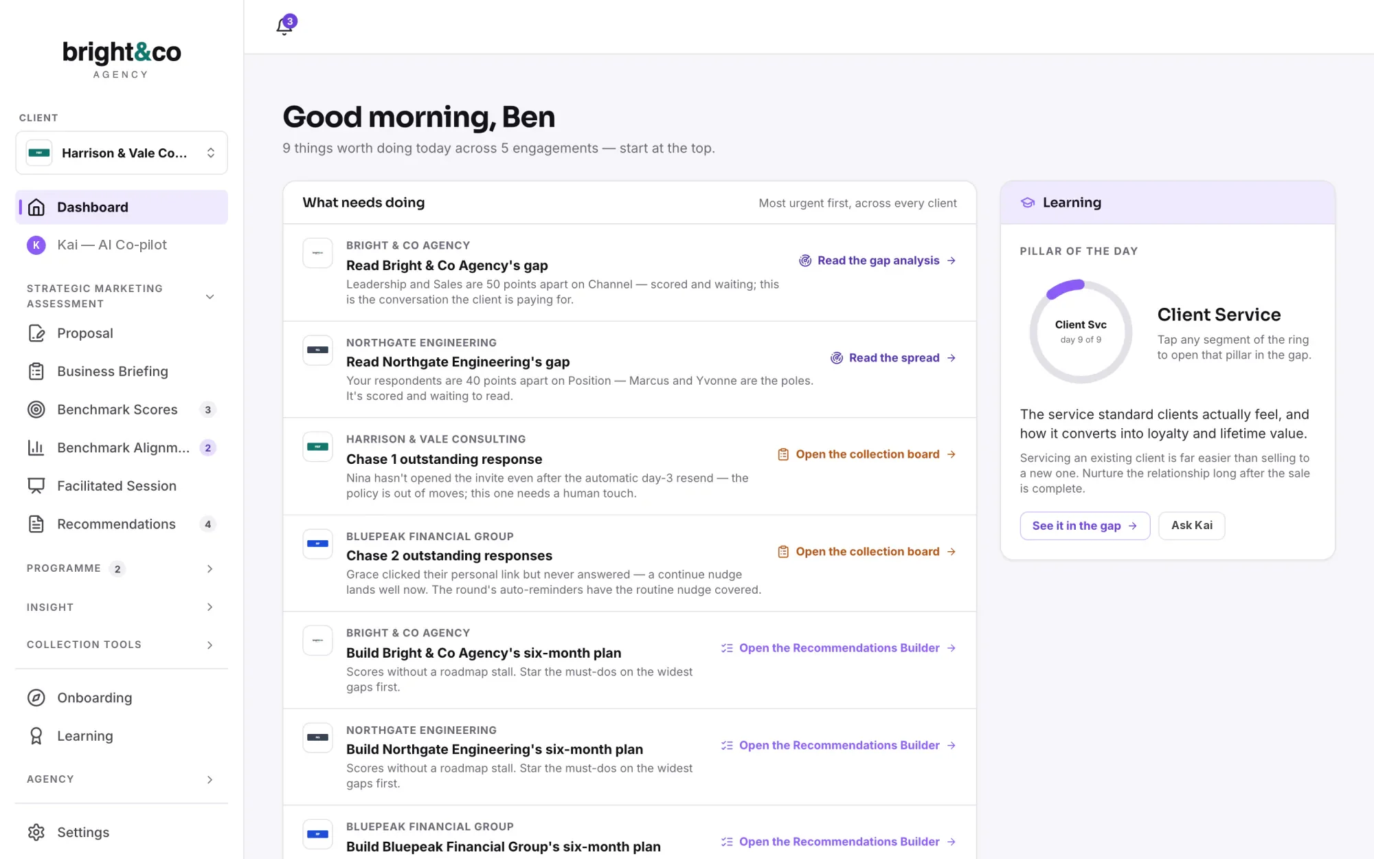 The Kiltr dashboard: the agency's client portfolio with every engagement, its stage and what is due next