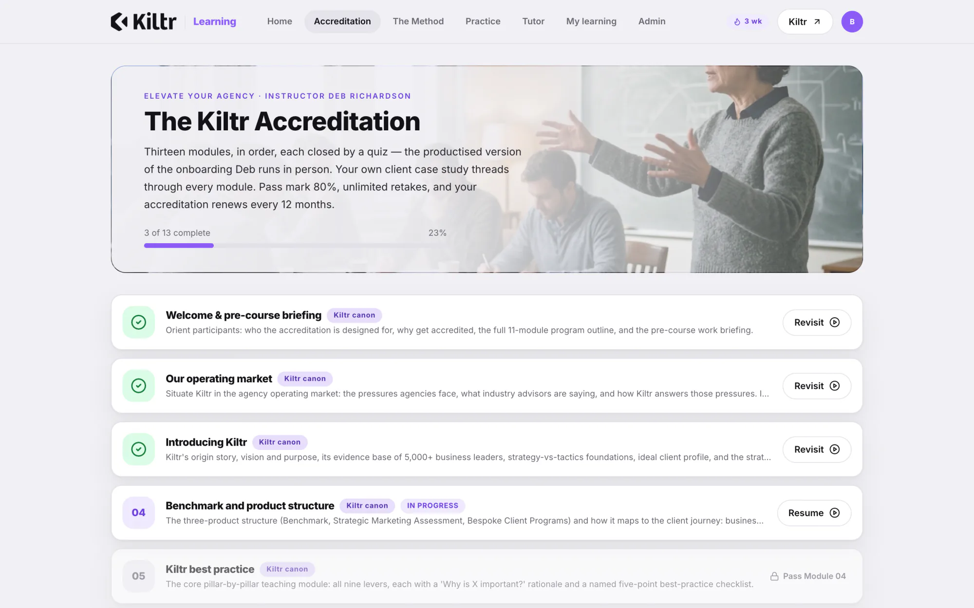 Kiltr Academy accreditation: thirteen sequential modules with progress