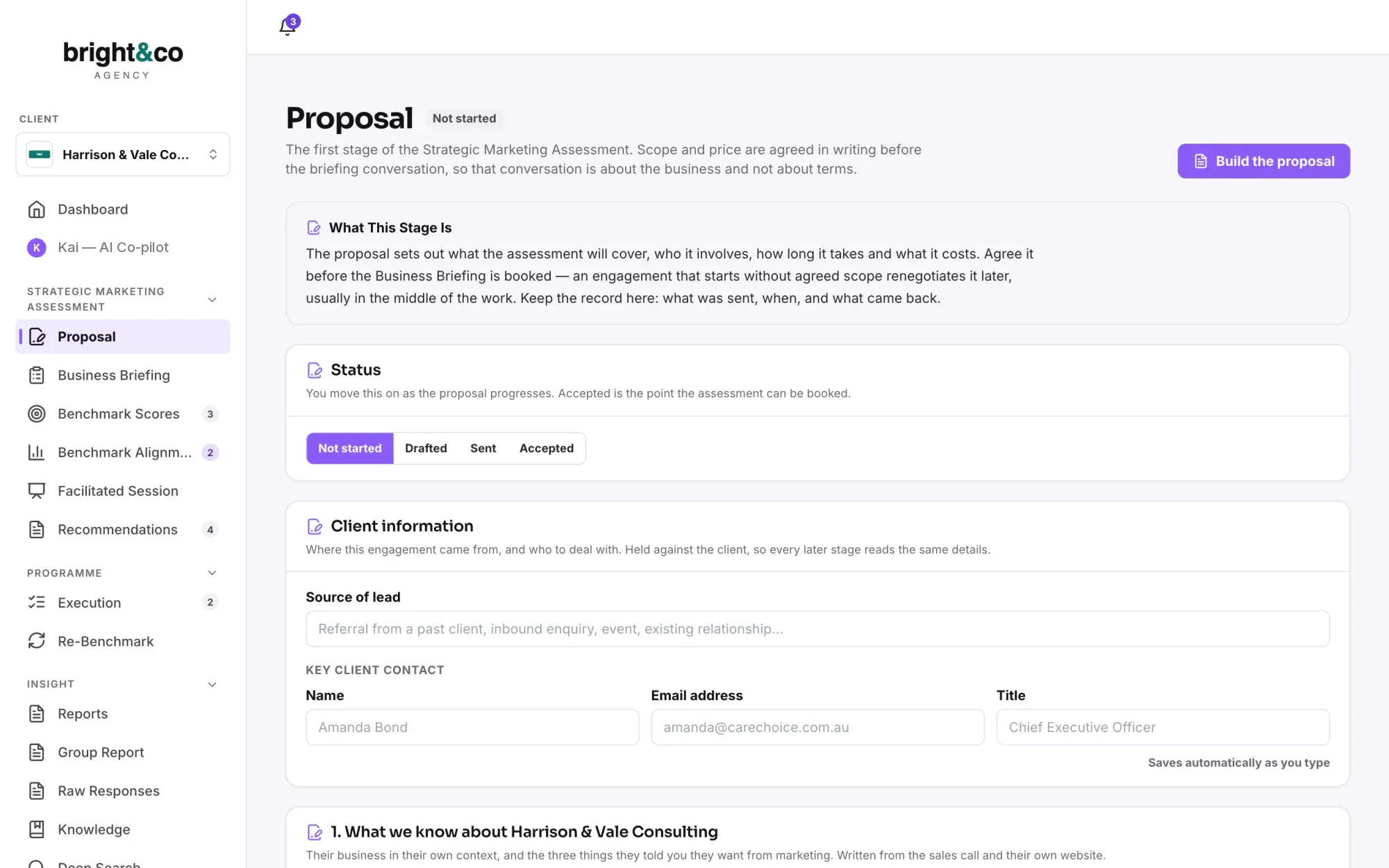 The Proposal stage in Kiltr: status moving from Not started to Accepted, client information and the Build the proposal button