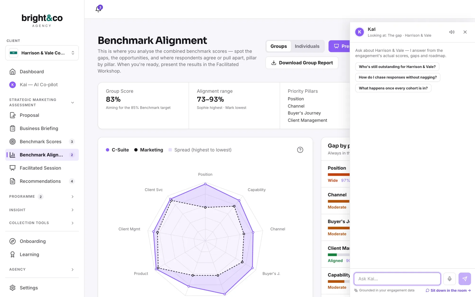 The Kai panel slid in over the Benchmark Alignment screen, its context chip reading Looking at: The gap, Harrison & Vale, with three suggested questions about outstanding responses and chasing.