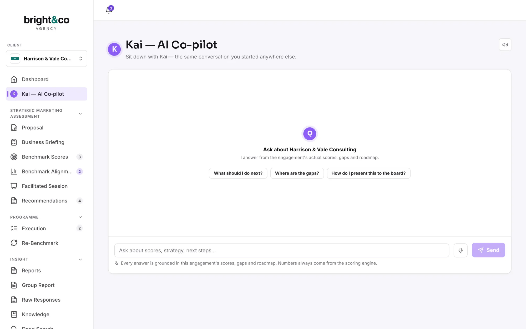 The Kai room, open on a single engagement: three suggested openers about what to do next, where the gaps are and how to present to the board, and a note that every answer is grounded in that engagement's scores.