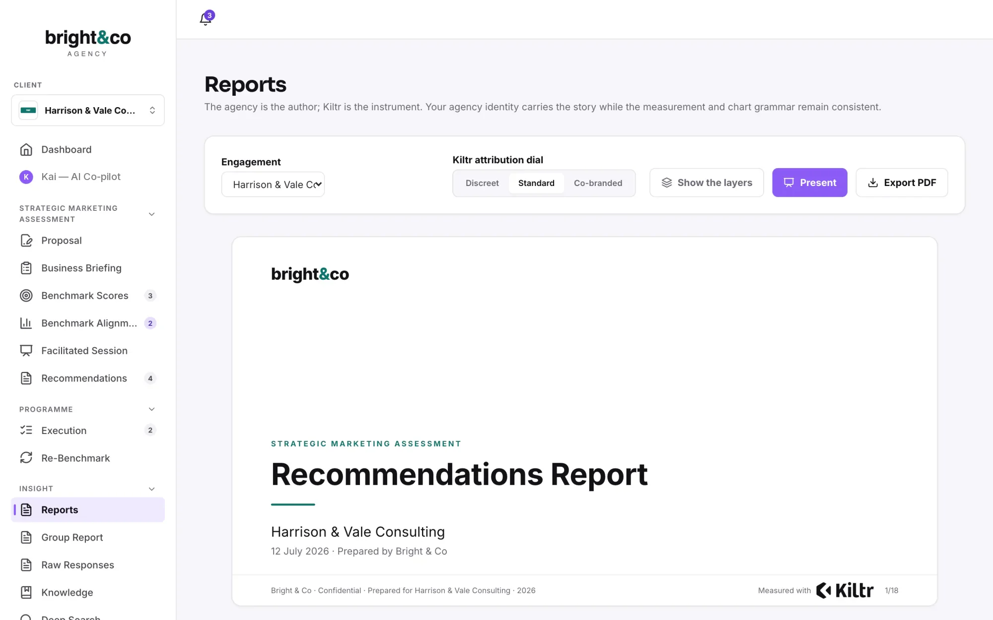 The Recommendations Report inside Kiltr, assembled from the Recommendations Builder on the agency's brand