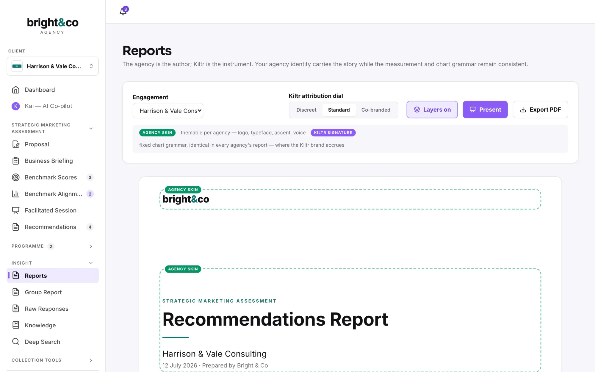 The same screen with the layers turned on: the cover marked as agency skin, and the Kiltr signature named as the fixed chart grammar that every agency's report shares.