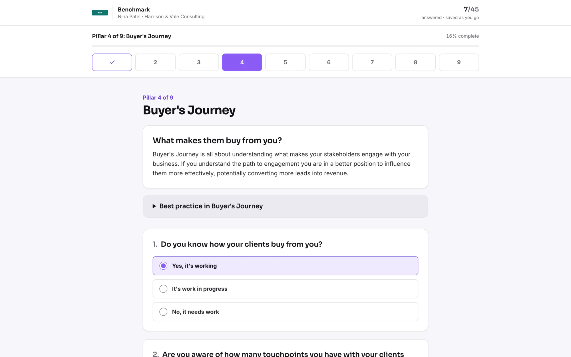 The Benchmark questionnaire as a respondent sees it: pillar four of nine, Buyer's Journey, with a progress line, an explanation of the pillar and three plain answers to choose from